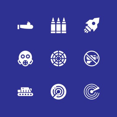 9 ordu simgesi ile grafik tasarım ve web için denizaltı, tank ve radar vektör çizim seti
