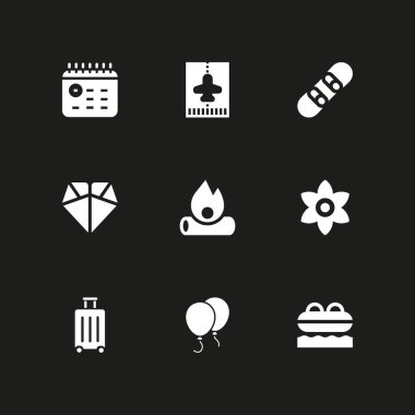 9 tatil simgesi ile grafik tasarım ve web için şenlik ateşi, Bagaj ve origami vektör çizim seti