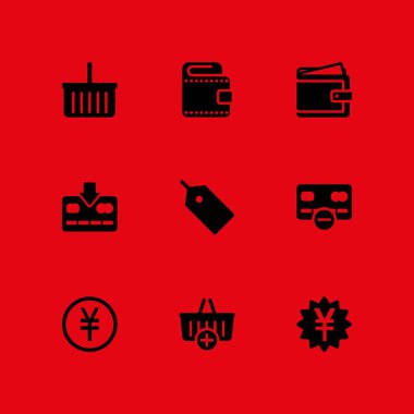 Alışveriş Icon set. grafik tasarım ve web için simge vektör cüzdan, alışveriş sepeti ve yen