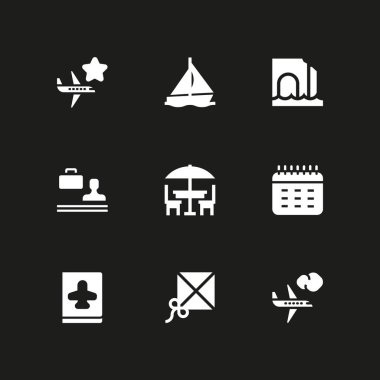 9 tatil simge kümesi ile takvim, grafik tasarım ve web için illüstrasyon vektör Deniz Mağarası ve Yelkenli