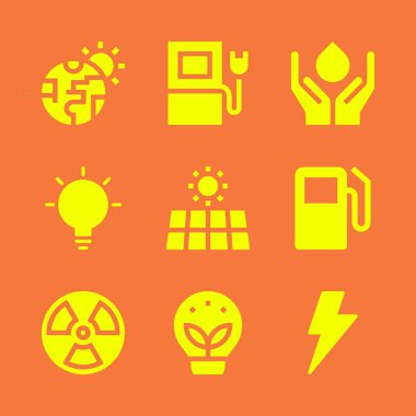 enerji Icon set. Küresel ısınma ile şarj ve radyoaktivite vektör grafik tasarım ve web için simgeleri