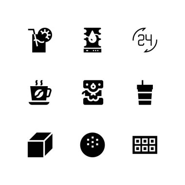 9 Icon set grafik tasarım ve web için kahve makinesi, saat ve kahve Kupası vektör çizim ile iç