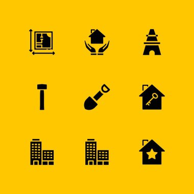 İnşaat Icon set. grafik tasarım ve web için ev, çekiç ve plan vektör simgesi