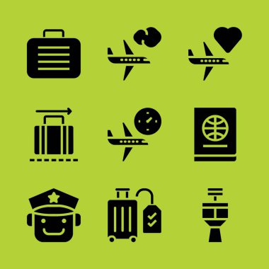 Havaalanı Icon set. Pilotla, Bagaj ve pasaport vektör grafik tasarım ve web için simgeleri