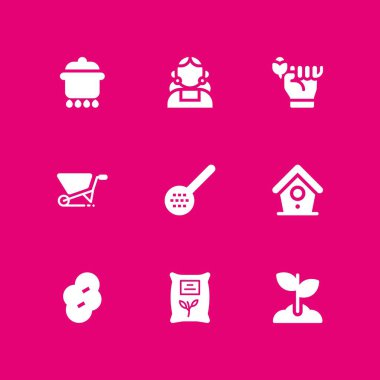 9 bahar simgesi pot, kepçe ve grafik tasarım ve web için filiz vektör çizim seti