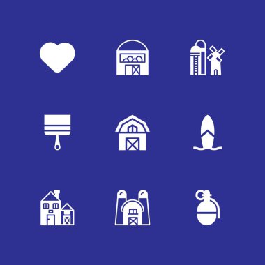 Grunge Icon set. grafik tasarım ve web için ahır, el bombası ve kalp vektör simge