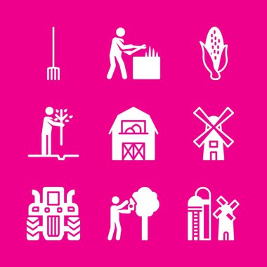 Traktör, yel değirmeni, ahır ve Mısır Icons set. Vektör grafik tasarım web ve uygulama için