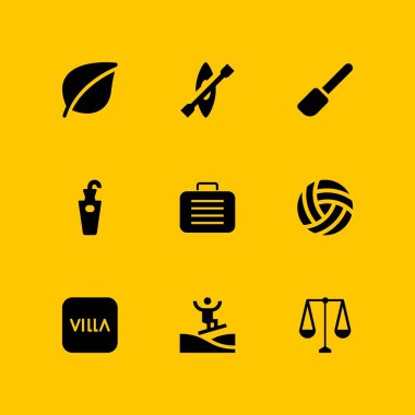 Plaj simge seti. grafik tasarım ve web için şemsiye standı, yaprak ve bavul vektör simgesi