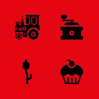 Gıda simge seti. grafik tasarım ve web için simge vektör kahve değirmeni, traktör ve hatmi