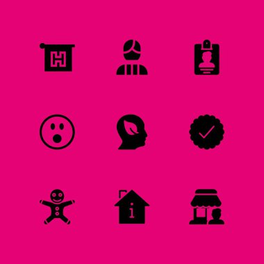 9 adam simgesi ile grafik tasarım ve web için zencefilli kurabiye adam, ev ve otel vektör çizim seti