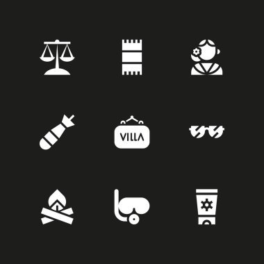 Plaj simge seti. grafik tasarım ve web için simge vektör şenlik ateşi, dalış gözlük ve güneş gözlüğü