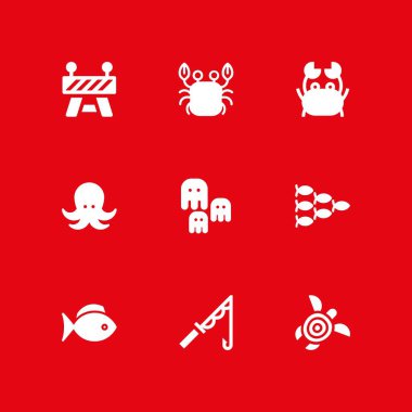 Icon set balık. grafik tasarım ve web için olta, yengeç ve balık sürüsü vektör simge