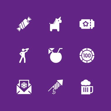 parti simge seti. grafik tasarım ve web için tek boynuzlu at, Noel kartı ve fireworks vektör simgesi