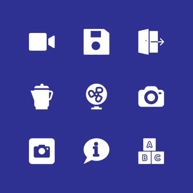 teknoloji Icon set. grafik tasarım ve web için simge vektör Logout, fotoğraf makinesi ve havalandırma