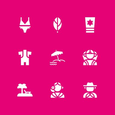 Plaj simge seti. grafik tasarım ve web için yaprak, wetsuit ve plaj vektör simge