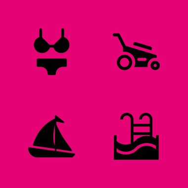Yaz Icon set. Bikini, çim biçme makinesi ve grafik tasarım ve web için yüzme havuzu vektör simge
