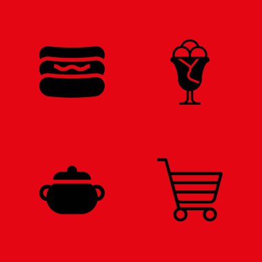 Gıda simge seti. Sosisli sandviç, alışveriş sepeti ve grafik tasarım ve web için dondurma vektör simge