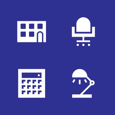 Office simge seti. grafik tasarım ve web için sandalye, hesap makinesi ve bina vektör simgesi