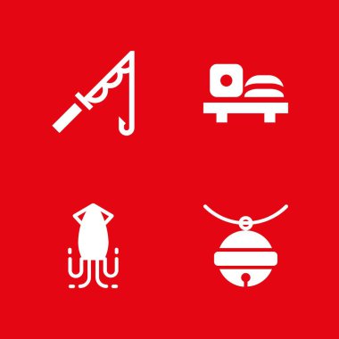 Icon set balık. grafik tasarım ve web için kalamar, balık oltası ve evde beslenen hayvan çan vektör simgesi