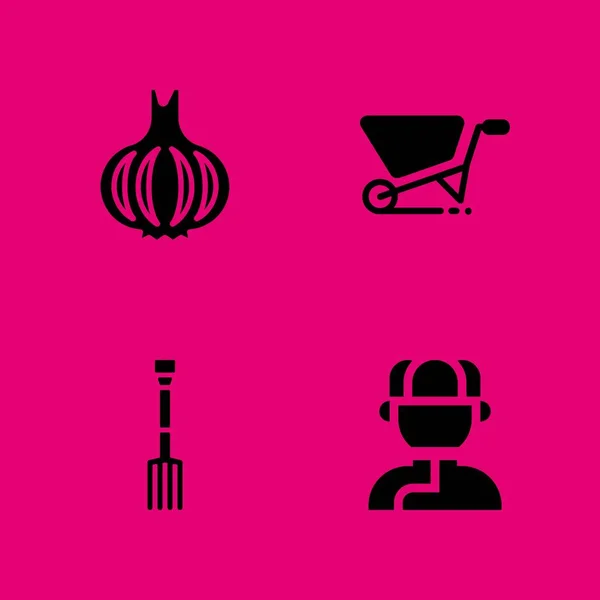 nature icon set. garlic, rake and wheelbarrow vector icon for graphic design and web
