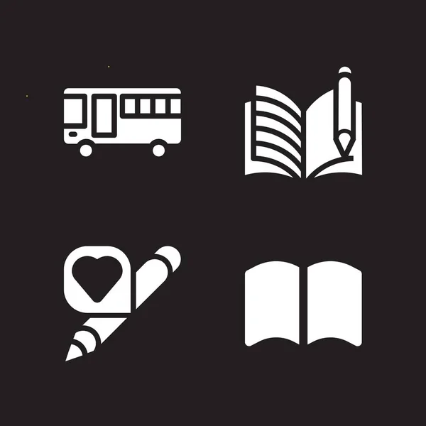 Schulsymbole Gesetzt Mit Bus Offenen Buch Und Bleistift Vektor Icons — Stockvektor