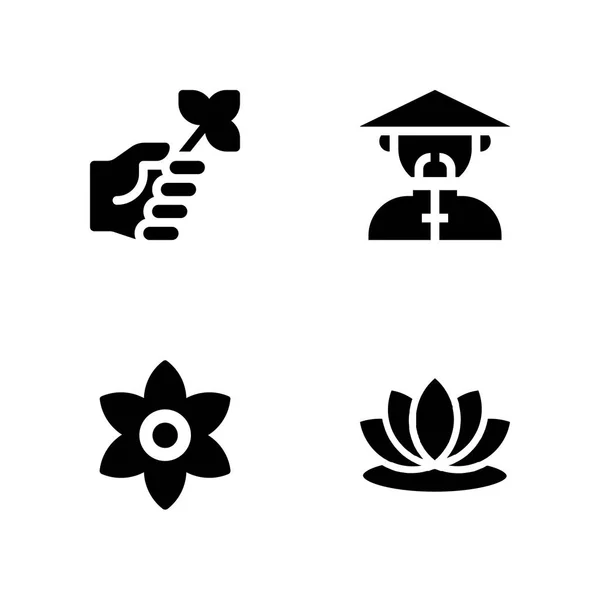 Florales Icon Set Mit Blume Lotus Und Chinesischer Vektorillustration Für — Stockvektor