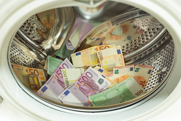 euro / European currency, high denomination in the washing machine, money laundering concept