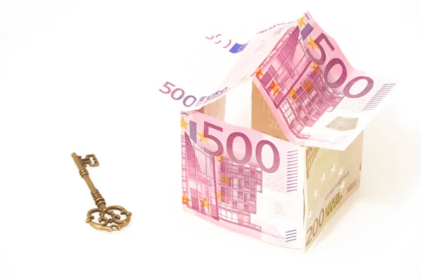 Евро Символ Жилищного Кредита Европейские Деньги Виде Дома Ключа Белом — стоковое фото