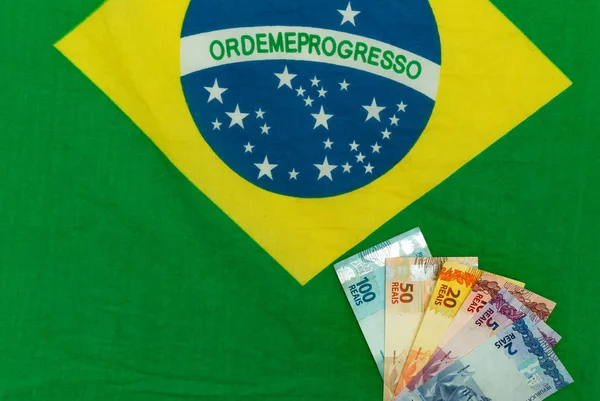 Brasilianska Pengar Bakgrunden Flaggan — Stockfoto