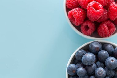 Orman meyve, lezzetli meyveler, pastel mavi cam arka plan metin için yer ile