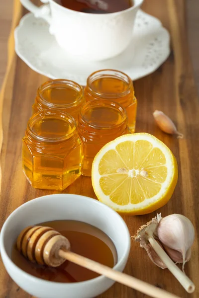 Chá Limão Mel Alho Balcão Madeira Remédios Saudáveis Naturais Para — Fotografia de Stock
