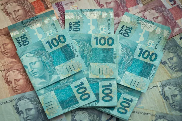 Denaro Brasiliano Cento Banconote Reais — Foto Stock