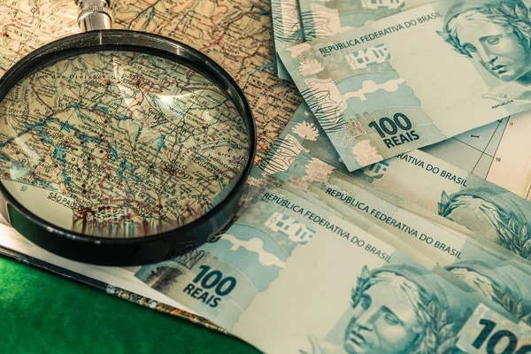 Dinero Mapa Brasileño Billetes 100 Reales — Foto de Stock