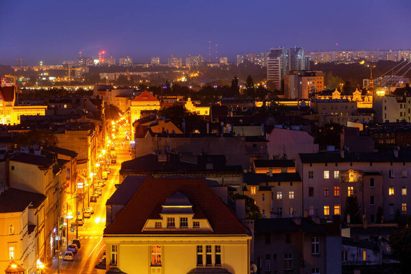 Bydgoszcz. Night view over the city. Panorama from above