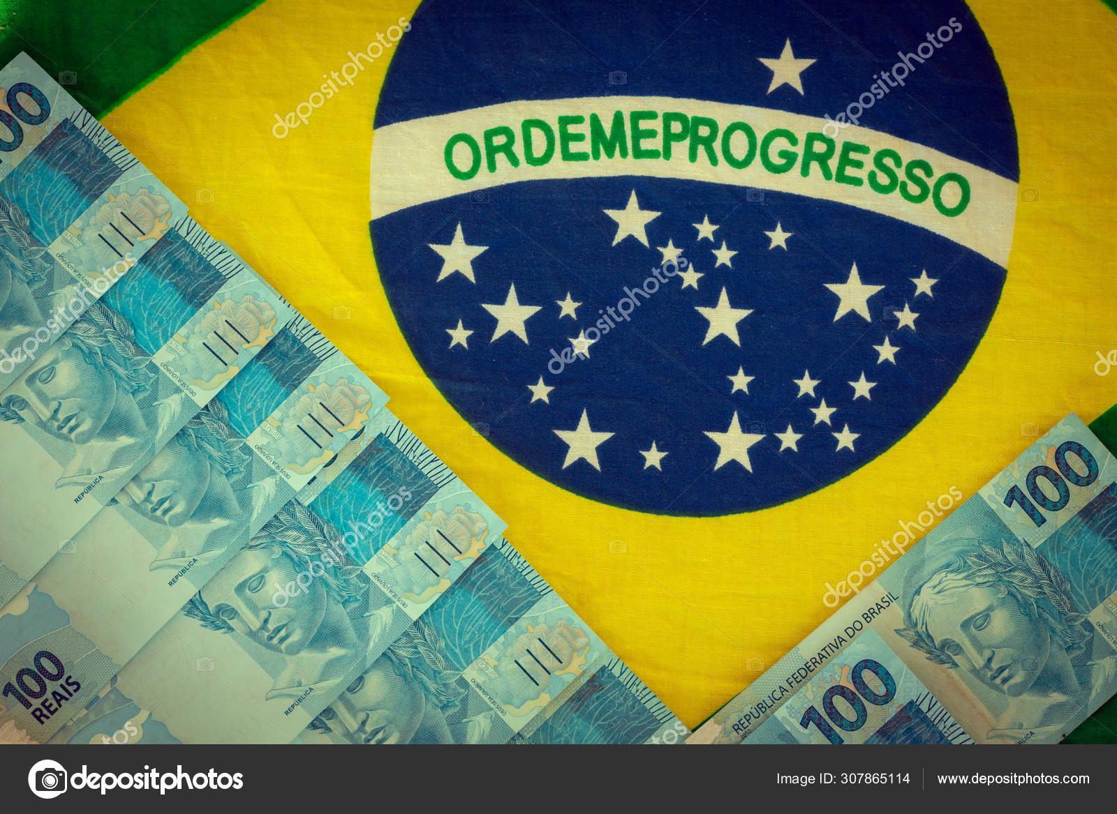 Brazilian Money 100 Reais Banknote National Flag — Stock Photo © rochu_2008  #307865114