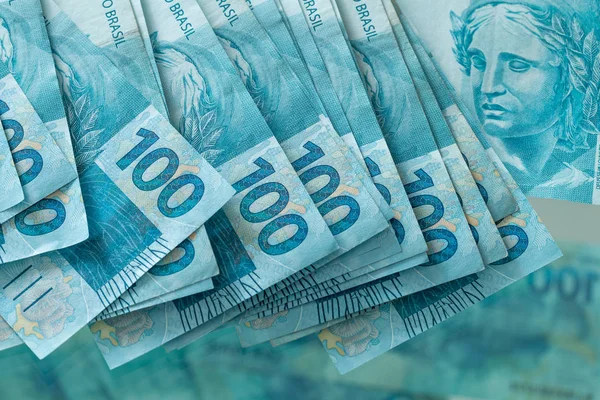 Dinheiro Brasileiro Notas 100 Reais — Fotografia de Stock