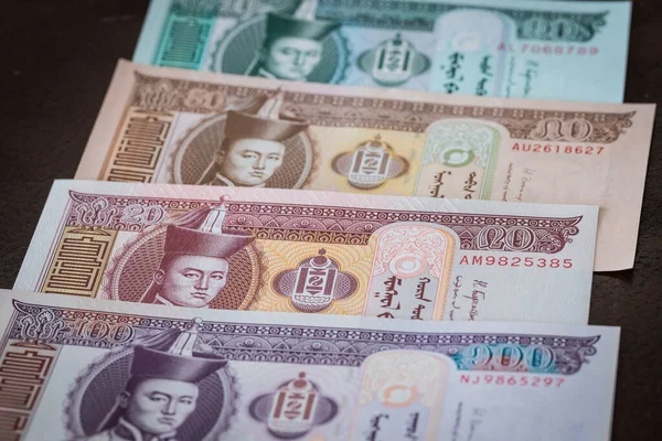 Mongolská Měna Tugrikovy Peníze Různé Bankovky — Stock fotografie