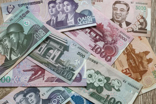 Communistisch Noord Koreaans Geld Genaamd Won Alle Bankbiljetten — Stockfoto