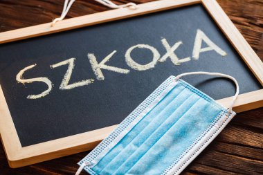 Okul yönetim kurulunda Lehçe, Szkola ve bir soru işareti ve bir antivirüs maskesi var.