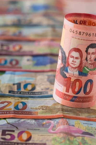 Bolivia Money Worth 100 Bolivianos Rolled Lying Background Other Banknotes — Stock Photo, Image