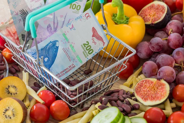 Shopping basket with Argentinian money, around food products, vegetables and fruits. The concept of inflation, rising prices and more expensive food