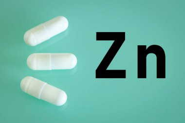 Zinc. capsules and the written chemical formula Zn, Strengthening of immunity clipart