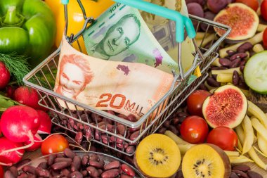 Kosta Rika parasıyla alışveriş sepeti, gıda ürünleri, sebzeler ve meyveler. Enflasyon kavramı, yükselen fiyatlar ve daha pahalı foo