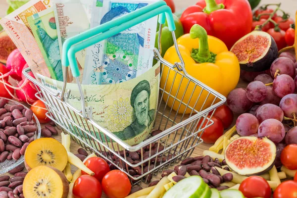 Shopping Basket Iranian Money Food Products Vegetables Fruits Concept Inflation — Stock Photo, Image