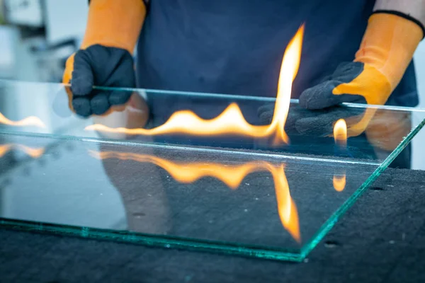 Cutting Laminated Glass Burning Foil Connecting Glass Panes — Stock Photo, Image