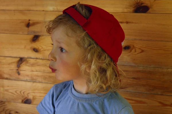 Cropped Shot Of A Cute Little Baby Boy With Curly Hair Wearing Red Hat And Looking To The Side. Cheerful Little Boy.