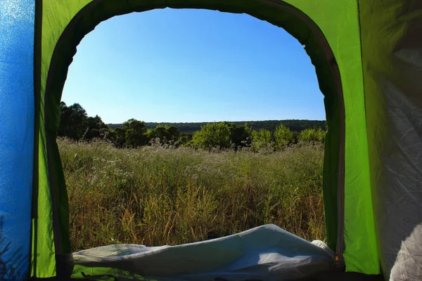 Travel, Nature Concept .View From The Tent. Hiking, Beautiful View Of A Nature From The Tent.