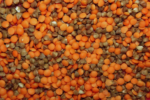 Colorful Food Ingredients Background Pile Red Lentil Brown Buckwheat Background — Stock Photo, Image