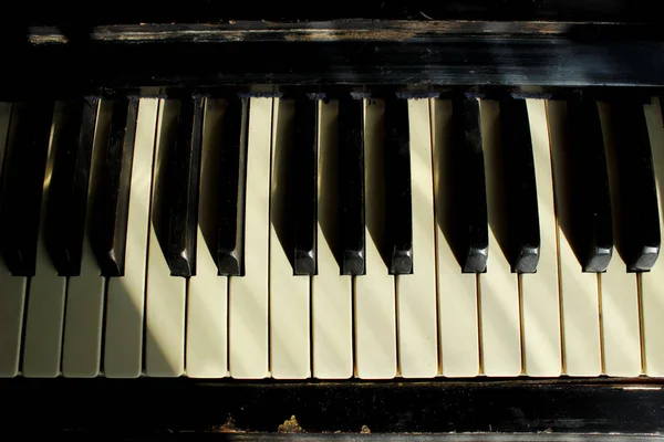 Music Education. Black And White Piano Keys Close-up. Old piano. Cropped Shot Of An Old Piano.