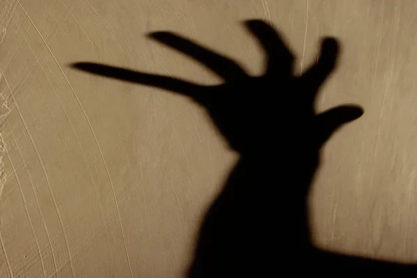 Strange Shadow On The Wall.Terrible Shadow. Abstract Background. Black Shadow Of A Big Hand On The Wall. Silhouette Of A Hand On The Wall. Nightmares. Scary Dreams.